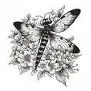 A dragonfly with makeup-inspired wings resting on a bed of flowers tattoo design idea