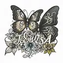 The name Jewlysa in cursive with butterflies fluttering tattoo design idea
