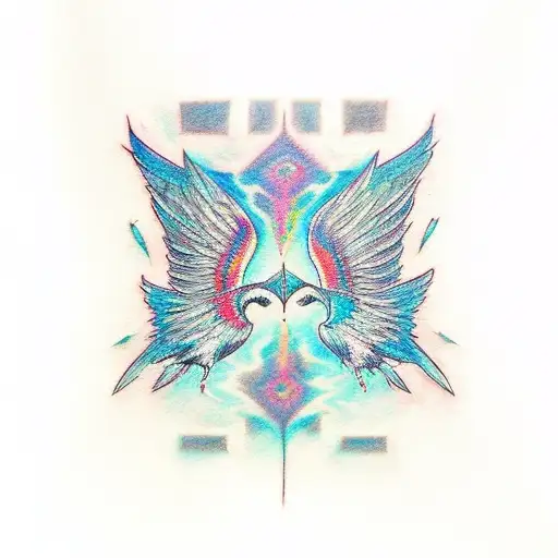 colorful tatoo, words "cheryl & Steve" in center, wings far out to sides tattoo design idea