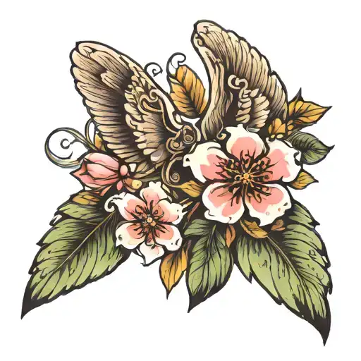 wings and myrtle flower tattoo design idea