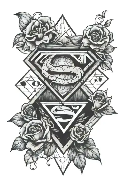 Hands in the middle of a diamond inside Superman's diamond and the letters s h and myrtle flowers tattoo design idea