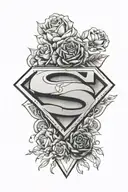 Hands in the middle of a diamond inside Superman's diamond and the letters s,h and myrtle flowers tattoo design idea