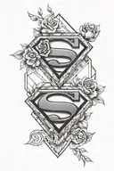 Hands in the middle of a diamond inside Superman's diamond and the letters s,h and myrtle flowers tattoo design idea