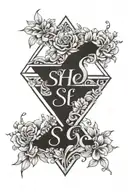 Hands in the middle of a diamond inside the diamond and the letters s h and myrtle flowers  tattoo design idea