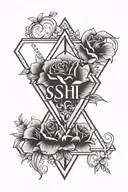 Hands in the middle of a diamond inside the diamond and the letters s h and myrtle flowers  tattoo design idea