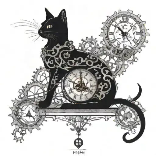 A graceful cat silhouette intertwined with delicate clock gears, embodying the concept of life's fleeting moments and the importance of cherishing each one tattoo design idea