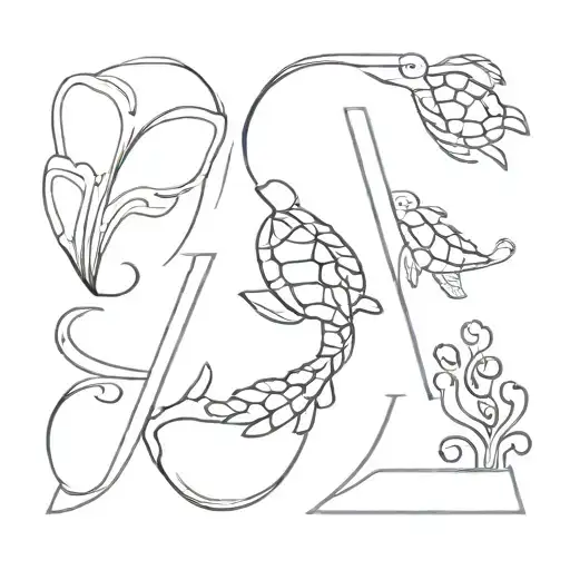 hawaiian sea turtle, mermaid, waves, letter j and e tattoo design idea