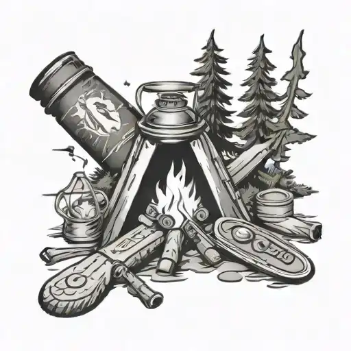 A black-grey tattoo of a campfire surrounded by camping tools like a lantern and a pocket knife tattoo design idea