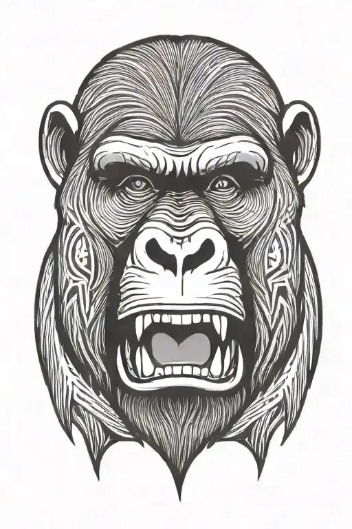 portrait from face of raging gorilla. mouth wide open. staring straight front. thin lines tattoo design idea