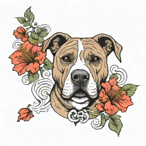 pitbull dog in  centered with hibiscus flowers and dragon scales on the side placed on the chest in japense style tattoo design idea