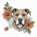 pitbull dog in  centered with hibiscus flowers and dragon scales on the side placed on the chest in japense style tattoo design idea