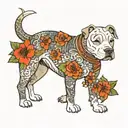 pitbull dog in  centered with hibiscus flowers and dragon scales on the side placed on the chest in japense style tattoo design idea