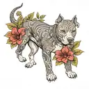 pitbull dog in  centered with hibiscus flowers and dragon scales on the side placed on the chest in japense style tattoo design idea