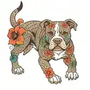 pitbull dog in  centered with hibiscus flowers and dragon scales on the side placed on the chest in japense style tattoo design idea