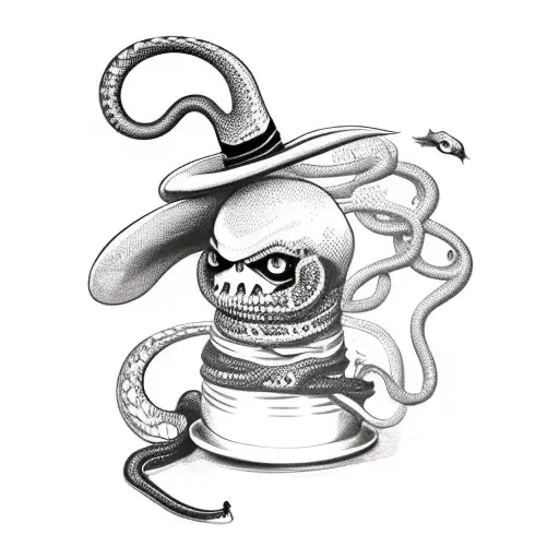 evil voodoo doll with top hat and snake tattoo design idea