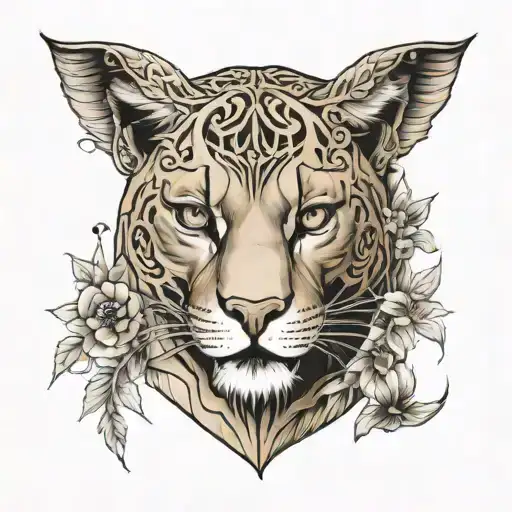 sleeve with mountain lion, scarab, ancient symbols and plants tattoo design idea