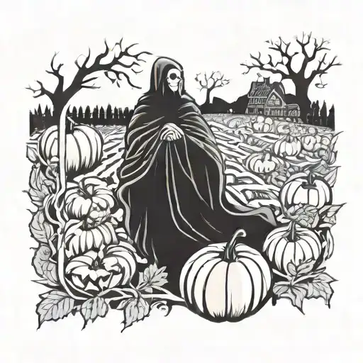 A ghostly figure emerging from a pumpkin patch work tattoo design idea