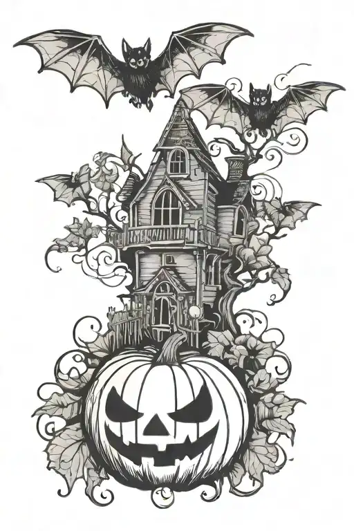 A ghost in a pumpkin patch work with bats and spiderweb  tattoo design idea