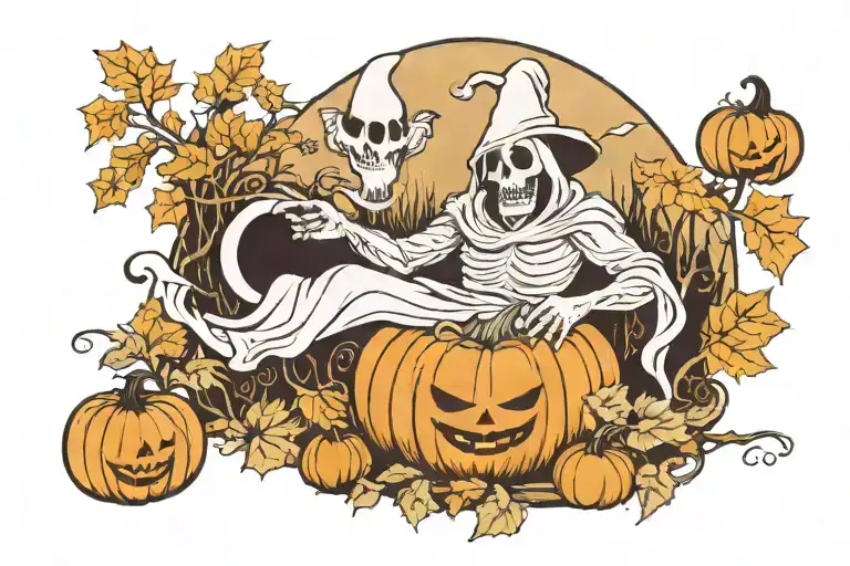 A ghostly figure emerging from a pumpkin patch work tattoo design idea