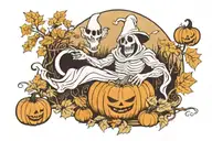 A ghostly figure emerging from a pumpkin patch work tattoo design idea
