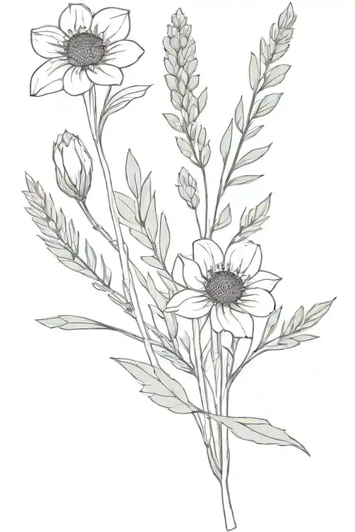 black eyes susan, lavendar, wildflower bouquet wrapped tattoo design idea