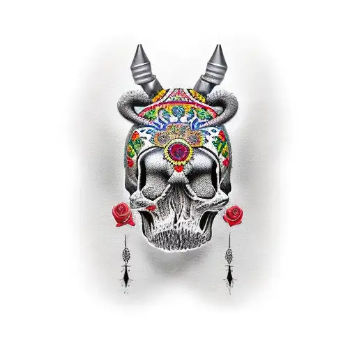 calavera de vaca en 2 mitades simétricas formadas por figuras humanoides tattoo design idea