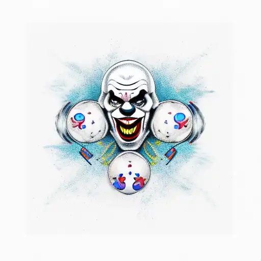 A sinister clown juggling skulls tattoo design idea