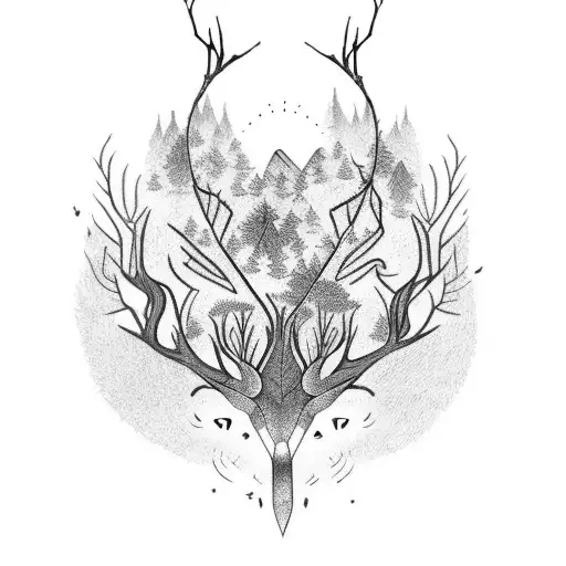 A dotwork tattoo of a mystical forest with hidden Harry Potter elements intertwined with animals like owls and deer tattoo design idea