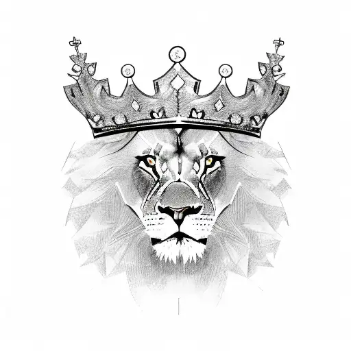 A sketch of a powerful lion wearing a crown made of dollar signs tattoo design idea