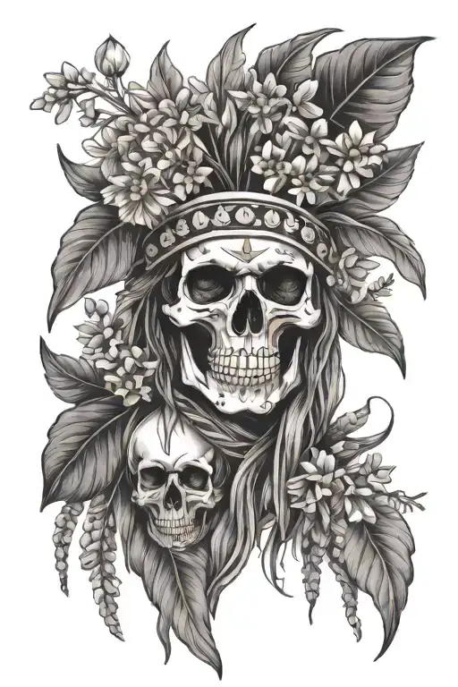 daisy daffodil lily of the valley marigold carnation native american skull headdress tattoo design idea