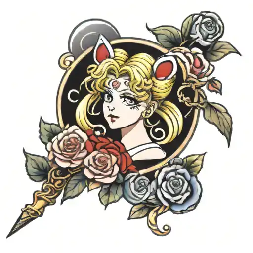 sailor moon, moon stick, intertwined with roses tattoo design idea