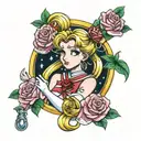 sailor moon, moon stick, intertwined with roses tattoo design idea