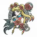 sailor moon, moon stick, intertwined with roses tattoo design idea