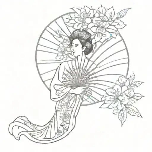 asian fan with flowers tattoo design idea