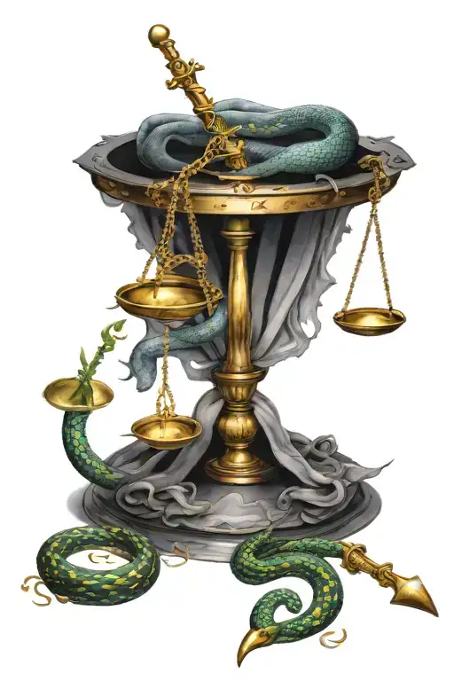 Libra scale with dagger middle and night and day snake with libra constellation and mental health tattoo design idea