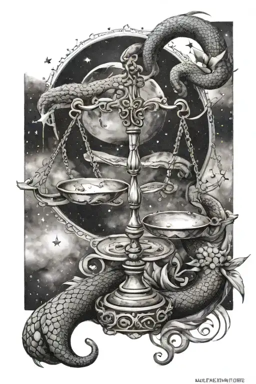 Libra scale with dagger middle and night and day snake with libra constellation tattoo design idea