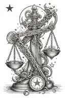 Libra scale with dagger middle and snake  with stars in its scales with Libra constellation  tattoo design idea