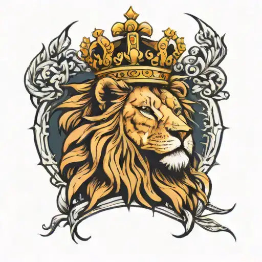 lion looking like a king wearing a crown tattoo design idea