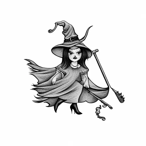 witch flying in a broom tattoo design idea