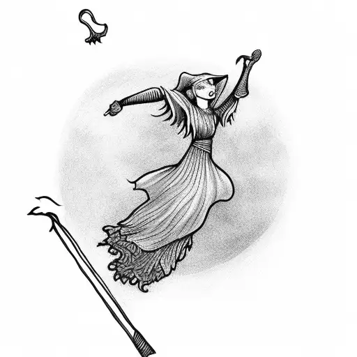 witch flying in a broom tattoo design idea