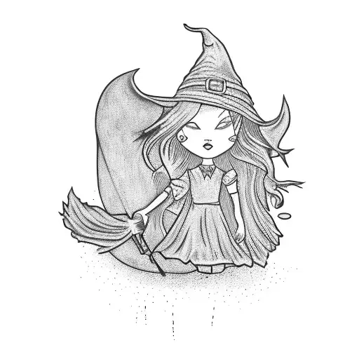 witch flying in a broom tattoo design idea