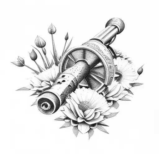 Field artillery cannon surrounded by flowers tattoo design idea