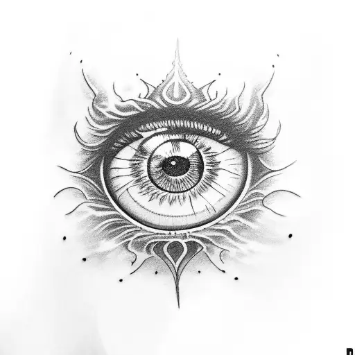 A detailed portrait of Sauron's eye surrounded by flames tattoo design idea