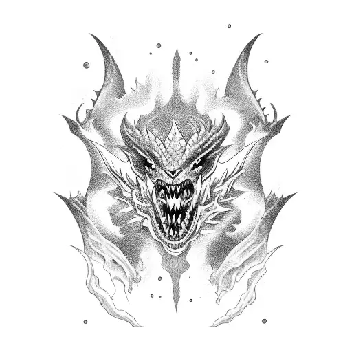A fierce dragon emerging from the ocean waves with a dark and mysterious aura tattoo design idea