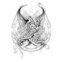 A captivating design featuring dragons intertwined with music notes inspired by pop music icons like Beyonce, Nicole Scherzinger, and Adele tattoo design idea