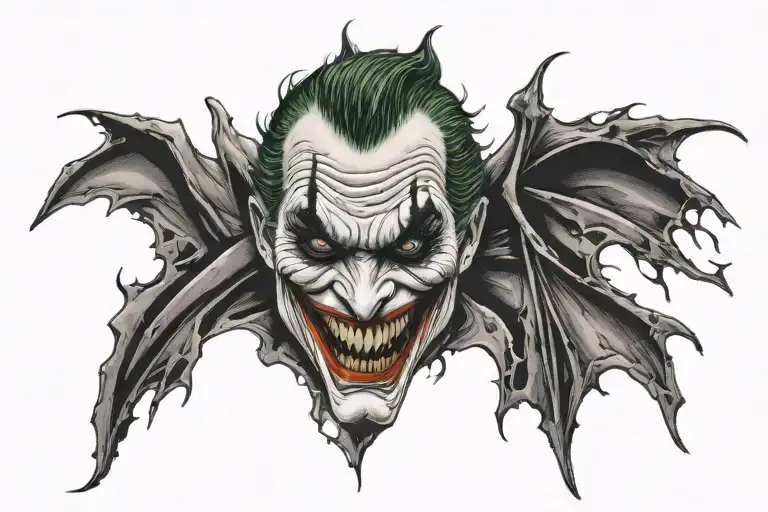 Forearm tattoo design featuring the Joker's face inside the Batman symbol. The Batman symbol is a black, stylized bat si tattoo design idea