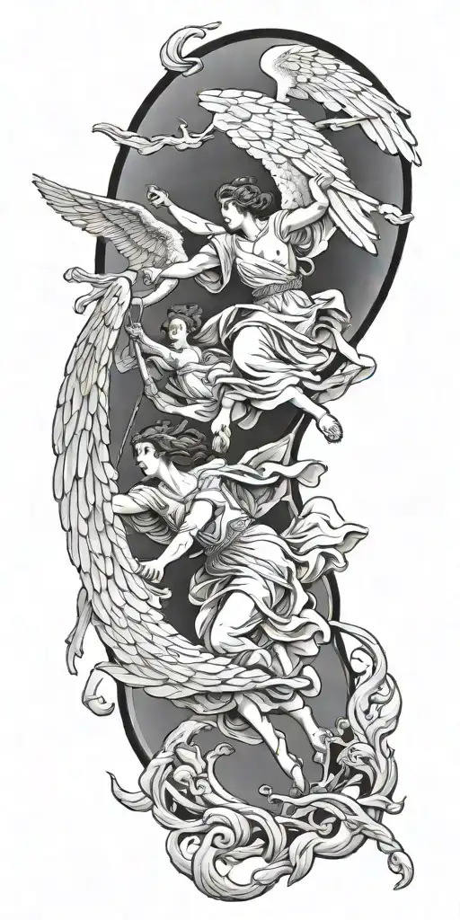 Greek mythology medic and angels flying towards tattoo design idea