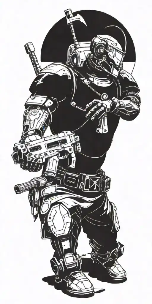 A futuristic angelic warrior wielding a gaming controller as a weapon tattoo design idea