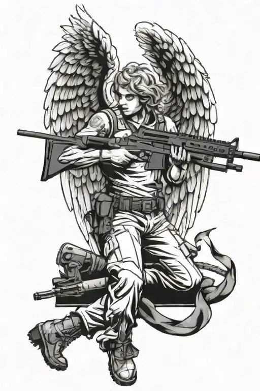 angel and military rifle surrounded tattoo design idea