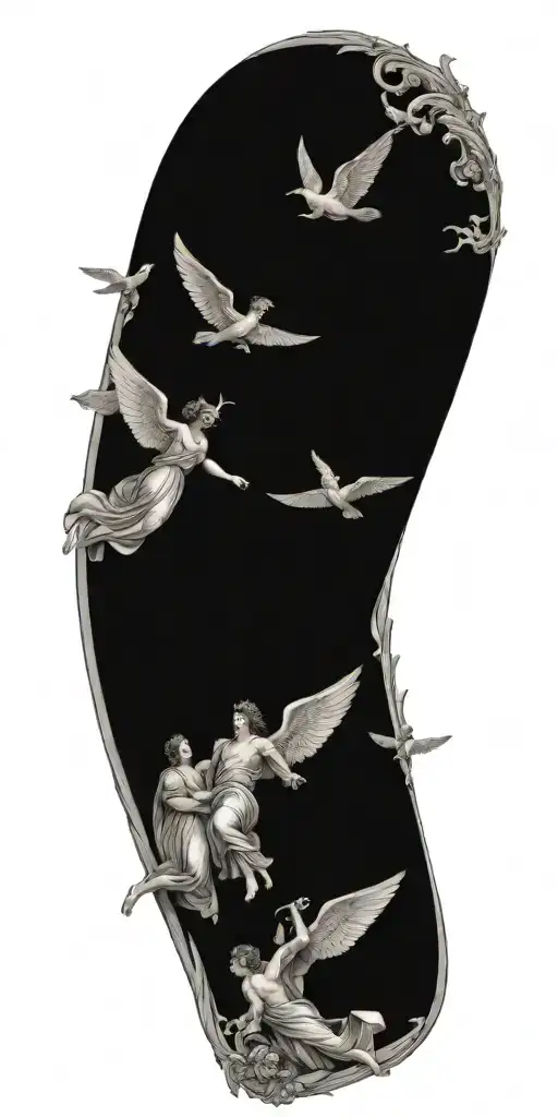 Greek mythology medic and angels flying towards tattoo design idea